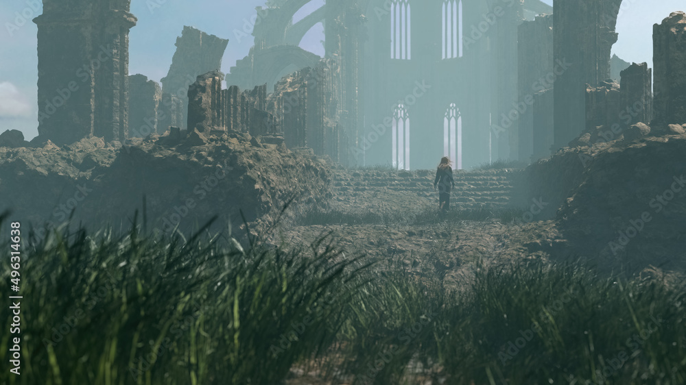 Woman with long red hair in a black dress walks at an misty ancient dilapidated cathedral. 3D render. Woman with long red hair in a black dress walks at an misty ancient dilapidated cathedral. 3D render.