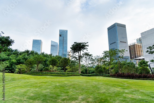 City park with office buildings
