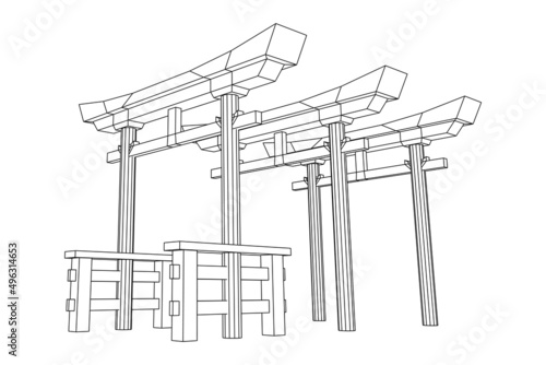 Torii sacred traditional gate. Symbol of Japan,shintoism religion. Japanese Tori arch ancient entrance. Wireframe low poly mesh vector illustration