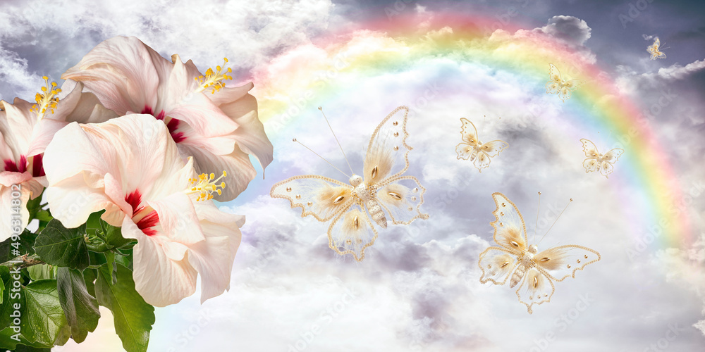 Obraz premium Flowers and butterfly among sky with rainbow and clouds. Collage.