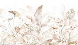 Tropical Beige design - watercolor exotic leaves. Arrangement with palm branch