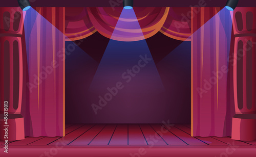 dark stage for theater with red velvet drapery curtain with spotlight for drama, cinema, movie, show, performance,