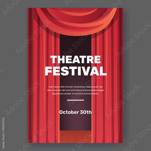 Theatre festival poster with red curtain stage show performance illustration concept