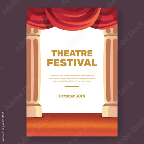 Theatre festival poster with red curtain stage show performance illustration concept