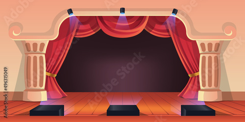 Theatre show performance with red curtain elegant drapery and wood floor for movie, show, comedy, theatrical, music, performing