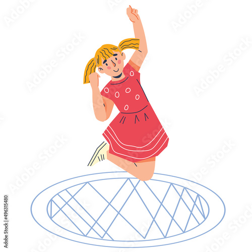 Cheerful girl in red dress jumping on trampoline. Active kids outdoor games on playground concept, trampolining, flat cartoon vector isolated on white background.