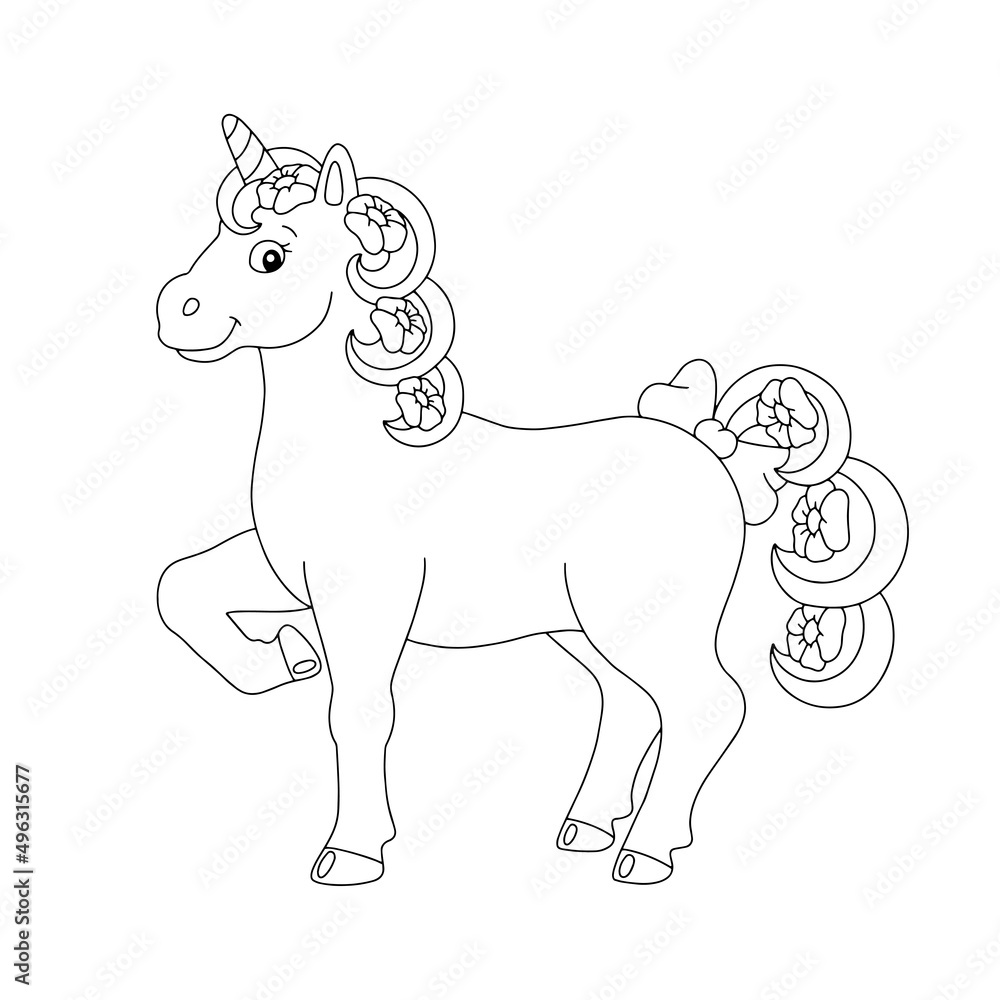 Beautiful unicorn with flowers in the tail and mane. Coloring book page for kids. Cartoon style character. Vector illustration isolated on white background. Beautiful unicorn with flowers in the tail and mane. Coloring book page for kids. Cartoon style character. Vector illustration isolated on white background.