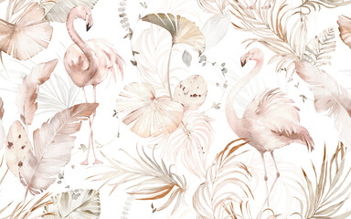 Fototapete Flamingomuster Botanische Flamingos Aquarell Muster  © lisima