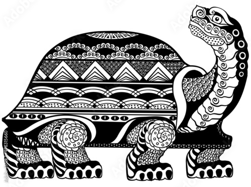 Tortoise or turtle a celestial feng shui creature. Side view. Black and white isolated vector illustration