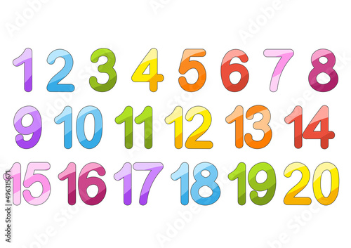 A set of numbers from one to twenty. Bright colorful collection. For teaching children. Simple flat vector illustration isolated on white background.