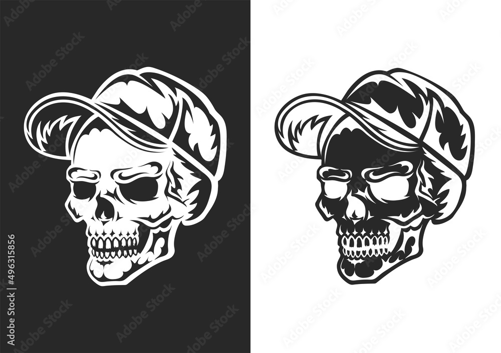 Human skull in cap. Black silhouette. Design element. Hand drawn sketch. Vintage style. Vector