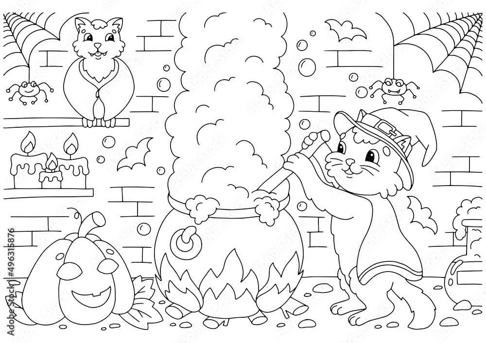 The cat brews a potion in the dungeon in a large cauldron. Coloring book page for kids. Cartoon style character. Vector illustration isolated on white background.
