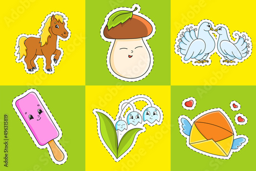 Set stickers with contour. cartoon character. Colorful vector illustration. Isolated on color background. Template for your design.