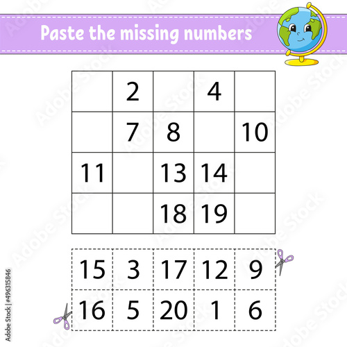 Paste the missing numbers 1-20. Game for children. Handwriting practice. Learning numbers for kids. Education developing worksheet. Activity page. Isolated vector illustration in cute cartoon style.