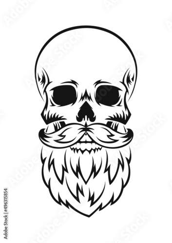 Human skull with beard and mustache. Black silhouette. Design element. Hand drawn sketch. Vintage style. Vector illustration.