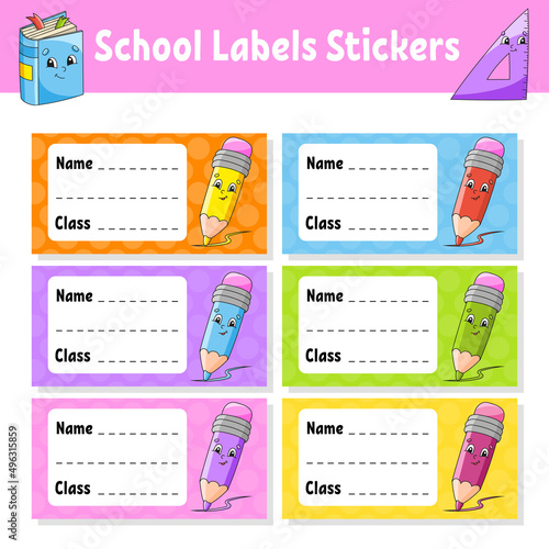 Back to school labels. Set stickers for notebook. Name and class. Bright stickers. Rectangular label. Color vector isolated illustration. Cartoon characters.