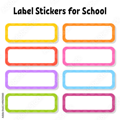Set stickers for school. Empty template. Name tags, gift labels. Perfect for folders, daily journals, notebooks, lunch bags, pencil boxes. Rectangular label. Color vector isolated illustration.