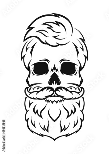 Human skull with beard and mustache. Black silhouette. Design element. Hand drawn sketch. Vintage style. Vector illustration.