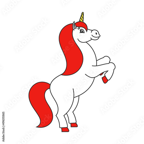 The magical unicorn reared up. The animal horse stands on its hind legs. Cartoon style. Simple flat vector illustration.
