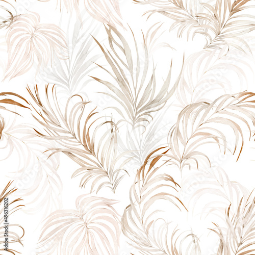 seamless watercolor pattern with tropical leaves, palm branches. Botanical tile, background.