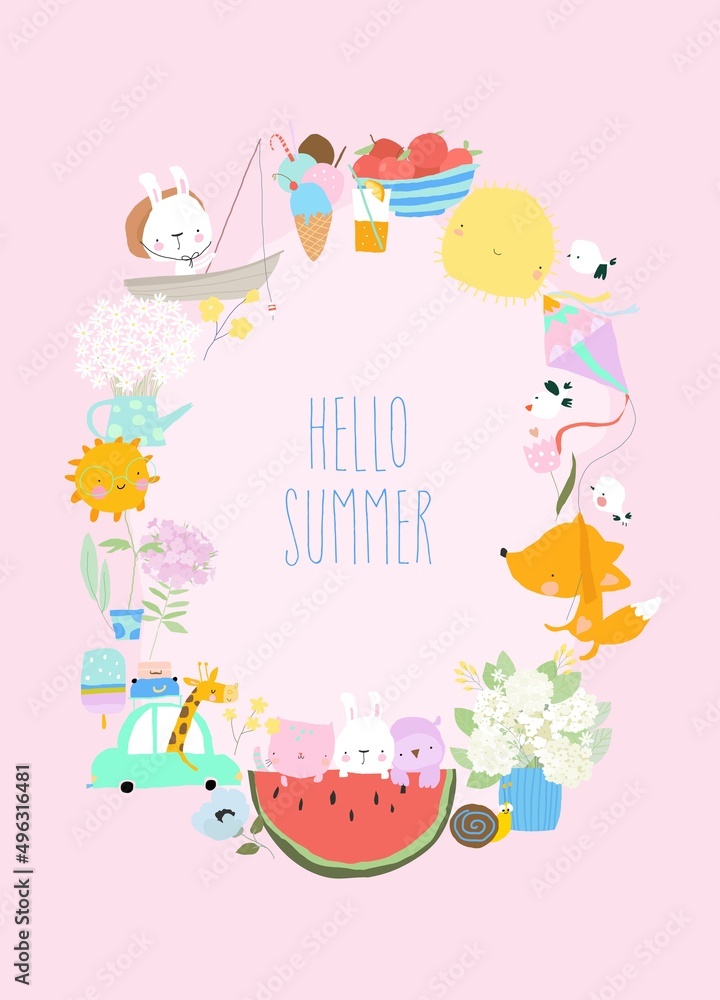 Fototapeta premium Cute Cartoon Wreath with Animals meeting Summer