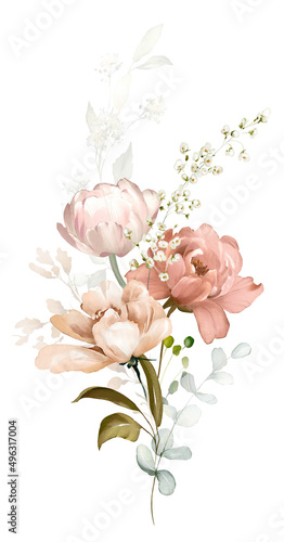 Fototapeta Naklejka Na Ścianę i Meble -  Set watercolor pink  flowers, garden roses, peonies. collection leaves, branches. Botanic illustration isolated on white background.