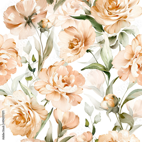 3D Fototapete Badezimmer - Fototapete seamless floral watercolor pattern with garden pink flowers roses, peonies, leaves, branches. Botanic tile, background.