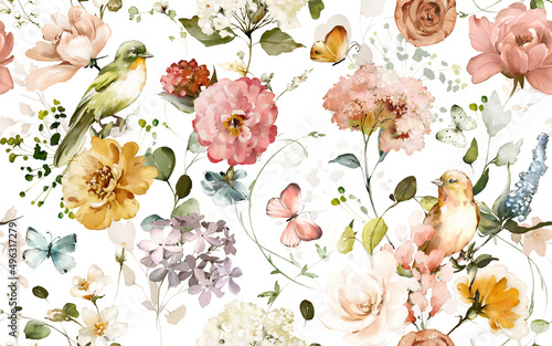 seamless floral watercolor pattern with garden pink flowers roses, leaves, birds,  butterfly, branches. Botanic tile, background.