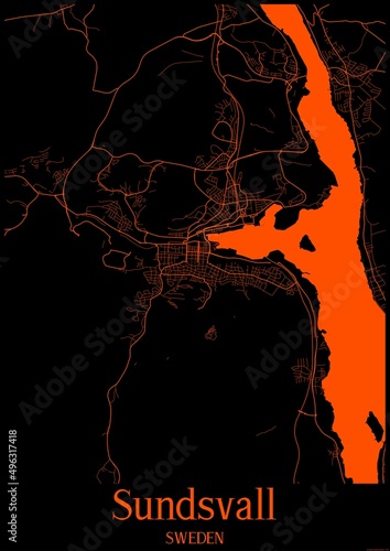 Black and orange halloween map of Sundsvall Sweden.This map contains geographic lines for main and secondary roads.