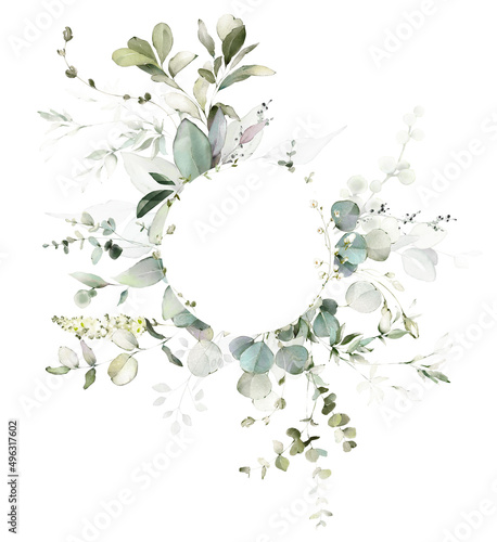 Watercolor invitation design with leaves. frame, wreath with eucalyptus, herbs. botanic Template