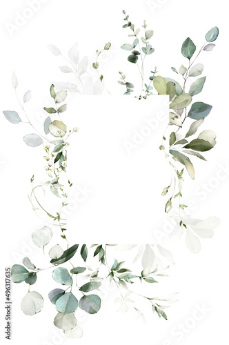 Watercolor invitation design with leaves. frame, wreath with eucalyptus, herbs. botanic Template © lisima