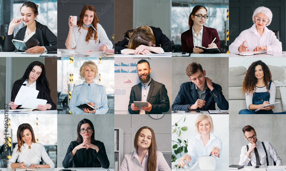 Group teleconference. Video call. Corporate webcast. Collage of diverse  business team working on project online in virtual office on screen. Stock  Photo | Adobe Stock