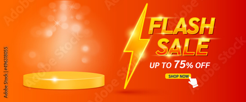 Shopping poster flash sale banner with yellow thunder sign Special Offer Sale 75% Off campaign or promotion. Template design for social media with blank product podium scene. On red background vector 