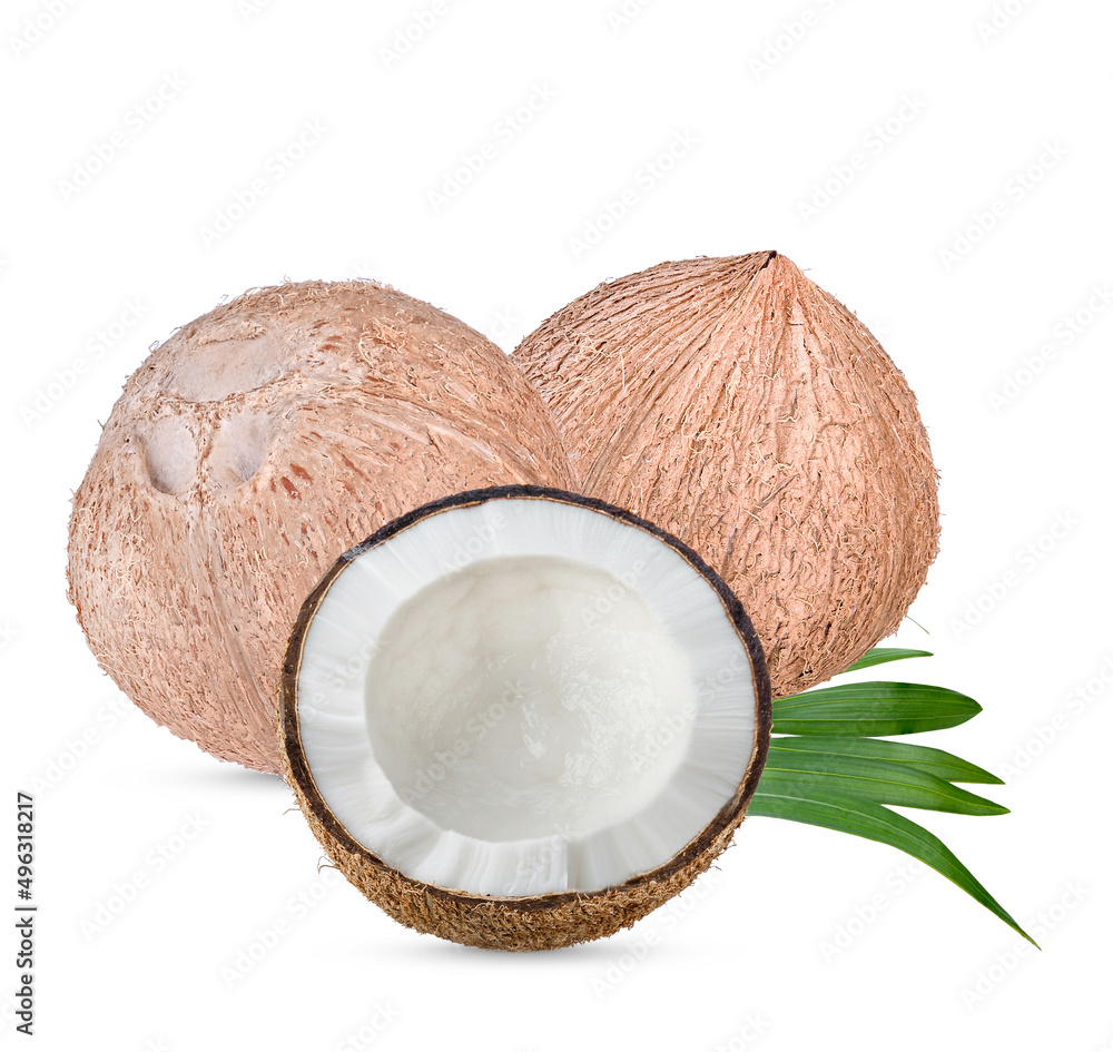 Fresh raw coconut set with palm leaves isolated on white background high resolution image .. Fresh raw coconut set with palm leaves isolated on white background high resolution image ..