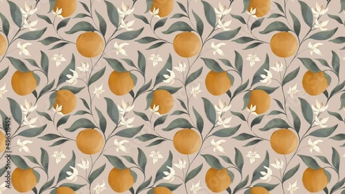 Fruit orange on a tree, leaves and flowers in the technique of cozy wax gouache and watercolor