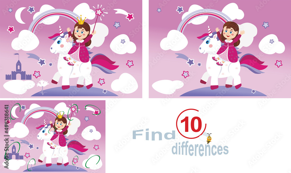 A happy princess rides a Unicorn. Find 10 differences, vector image. Educational game for children. A happy princess rides a Unicorn. Find 10 differences, vector image. Educational game for children.