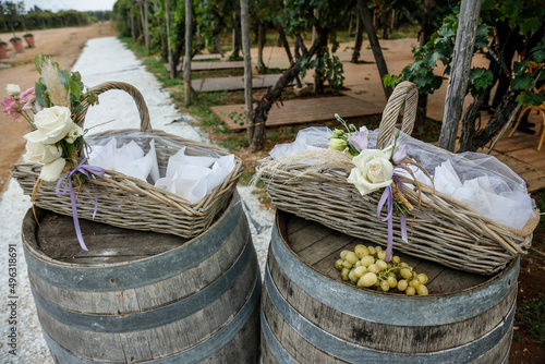 Allestimento originale per evento in una vigna con delle botti in primo piano  photo