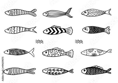 Hand drawn fish set with abstract lines and interesting elements. Cute fish with ornaments 