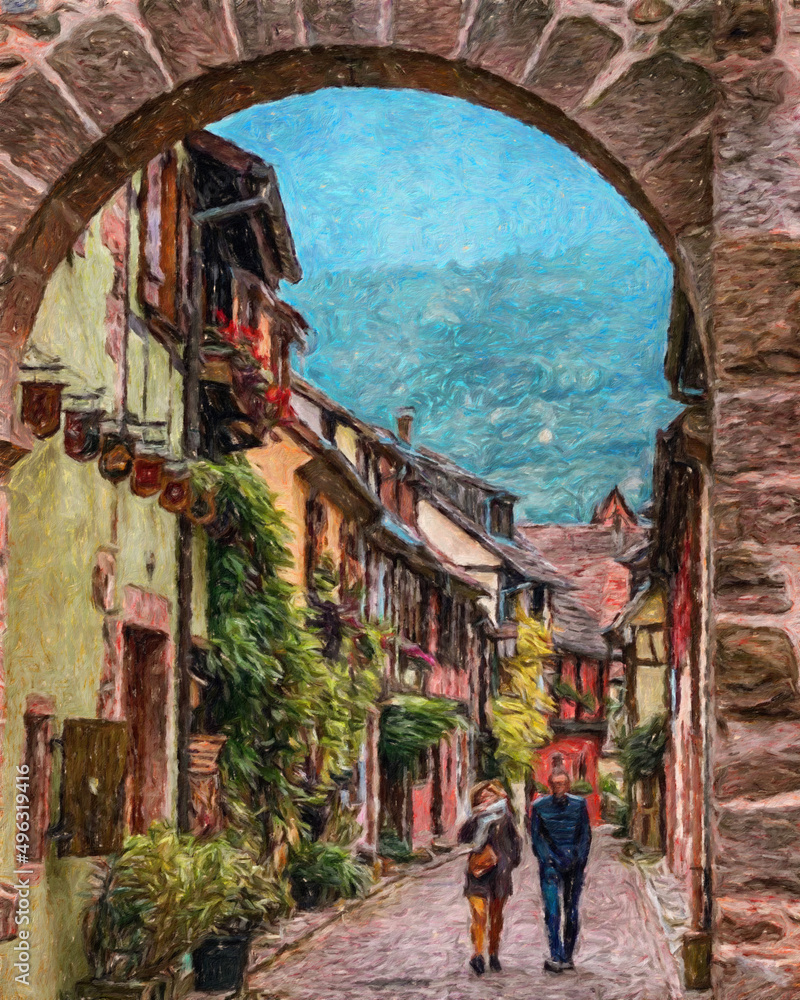 Colorful painting modern artistic artwork, real brush strokes, drawing in oil European famous old street view, beautiful old vintage houses, design print for canvas or paper poster, touristic product