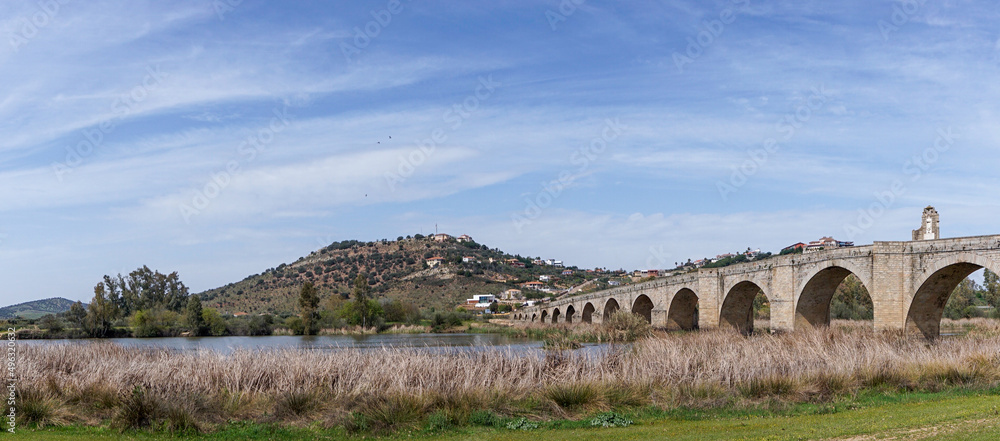 panorama view of the Guadiana River and the old bridge of Medellin