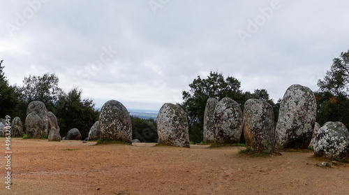 panorama view of the Cromlech of the Almendres megalithic complex in the Alentejo region of Portugal