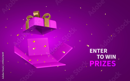 3D render and draw by mesh realistic open gift box and confetti. Enter to Win Prizes. Vector Illustration