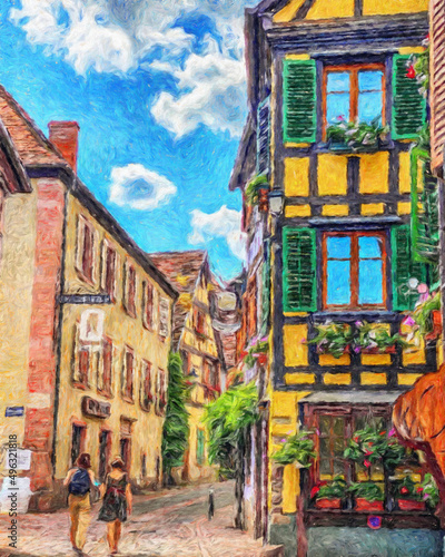 Colorful painting modern artistic artwork, real brush strokes, drawing in oil European famous old street view, beautiful old vintage houses, design print for canvas or paper poster, touristic product © Mashkhurbek