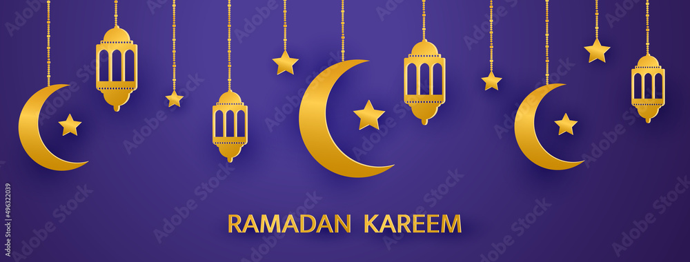 Golden crescent, lantern and stars hanging on dark violet background. Ramadan Kareem long banner. Muslim holy month. Luxury papercut design element. Eid Mubarak celebration card. Vector illustration Golden crescent, lantern and stars hanging on dark violet background. Ramadan Kareem long banner. Muslim holy month. Luxury papercut design element. Eid Mubarak celebration card. Vector illustration