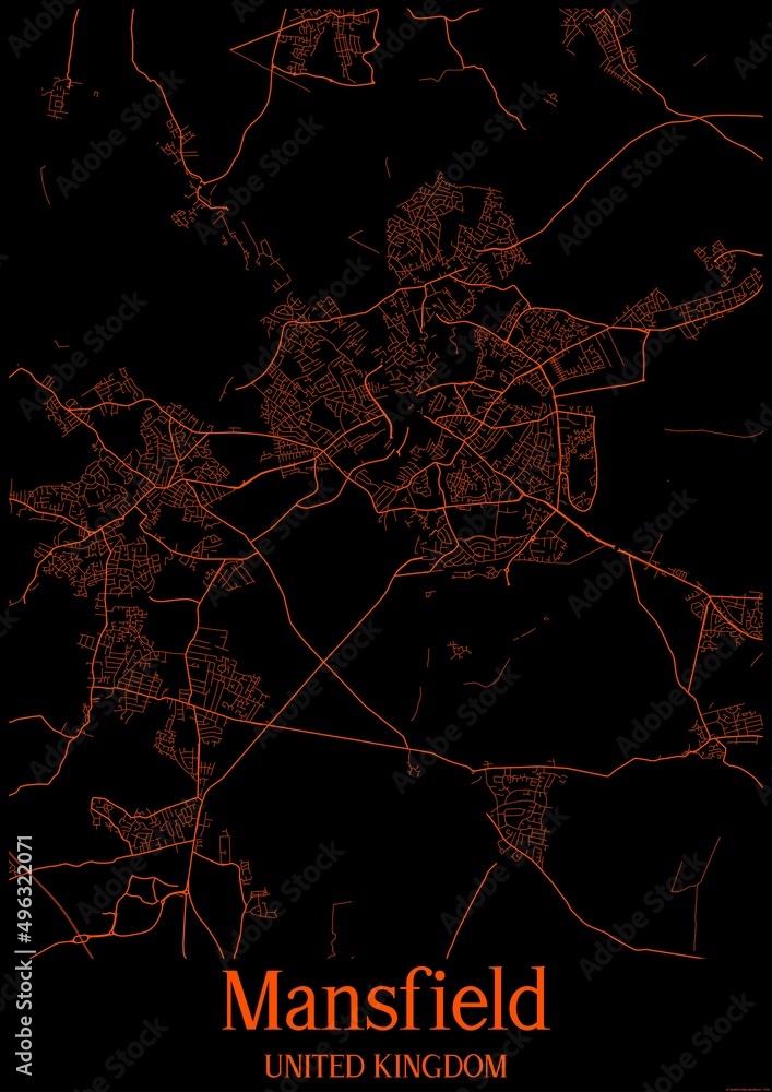 Black and orange halloween map of Mansfield United Kingdom.This map ...