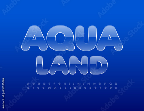 Vector creative design Aqua Land with Glossy transparent Front. Glass Alphabet Letters and Numbers set
