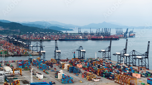 Aerial view of containers in a harbor