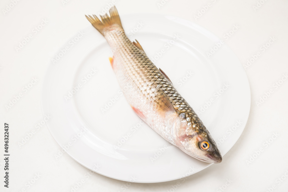 Fototapeta premium Raw fish on white plate isolated on white background. Top view. Empty space.