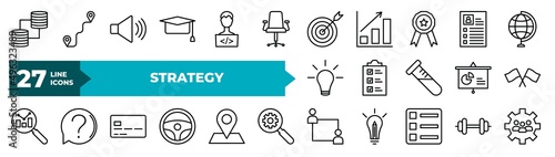 strategy thin line icons set. editable outline icons collection. data, path, speaker, graduation, programmer vector.