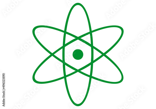Icono verde de átomo en fondo blanco.